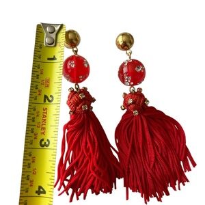 JCrew red crystal beaded tassel earrings.